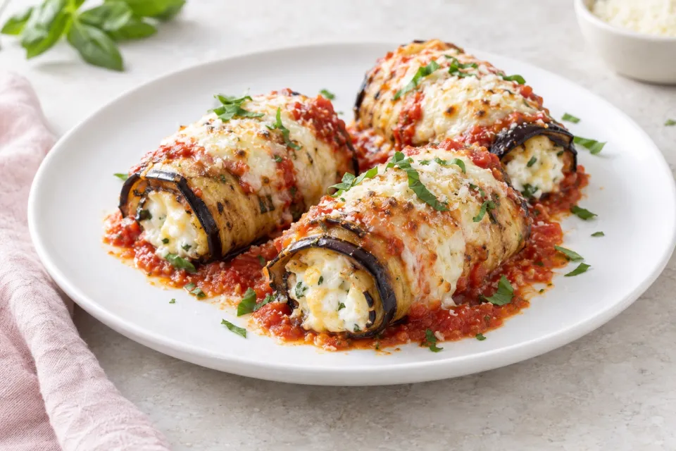 Baked Stuffed 3 Cheese Eggplant Roll Ups