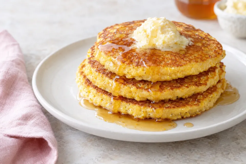 Cornbread Pancakes with Honey Butter Syrup