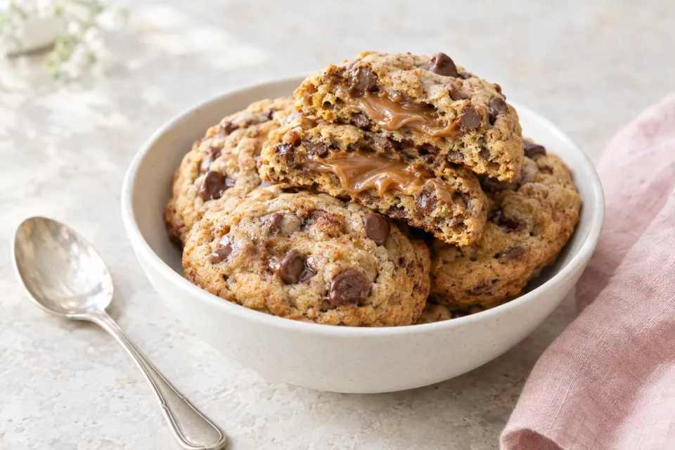 Browned Butter-Cinnamon Dulce De Leche Stuffed Chocolate Chip Cookies