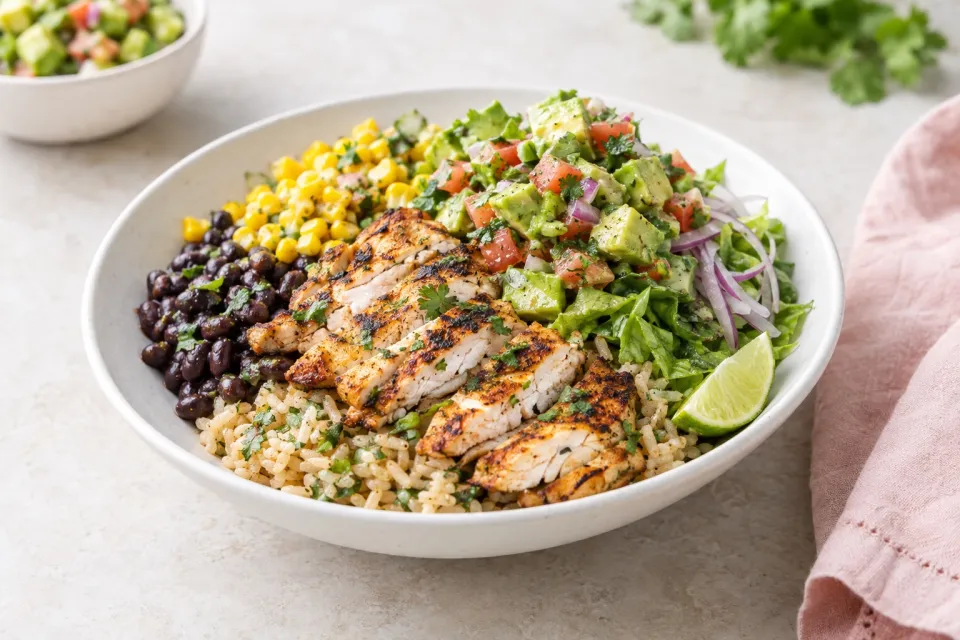 Grilled Chicken Burrito Bowls with Avocado Salsa