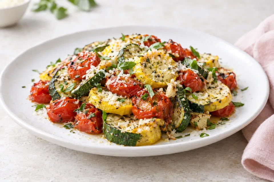 Roasted Garlic-Parmesan Zucchini, Squash and Tomatoes