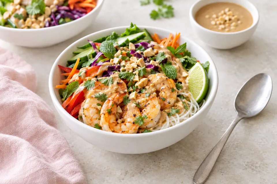 Rainbow Spring Roll Bowls Shrimp or Chicken and Peanut Sauce
