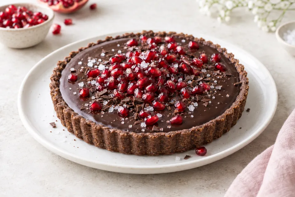 Salted Dark Chocolate Pomegranate Tart