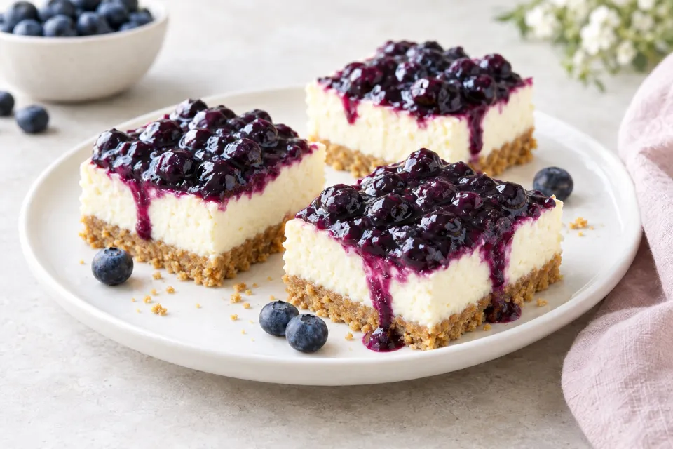 No-Bake Cheesecake Bars with Fresh Blueberry Sauce