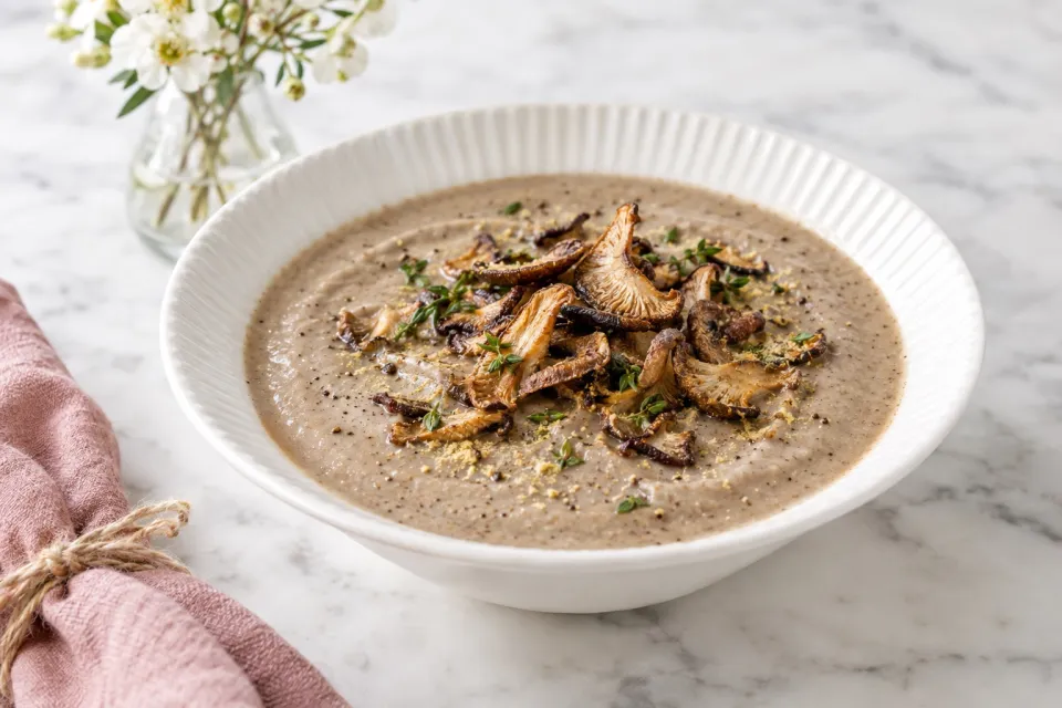 Vegan Cream of Mushroom Soup with Crispy Shiitake Chips