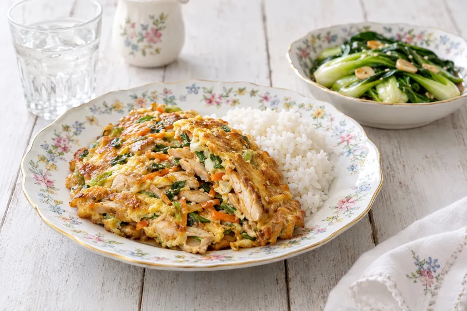 Chicken Egg Foo Yung and Garlic Bok Choy