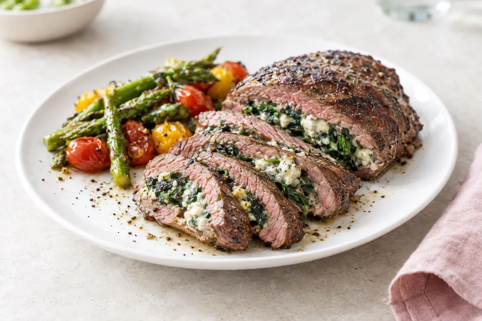 Bruce Aidells' Spinach and Gorgonzola-Stuffed Flank Steak