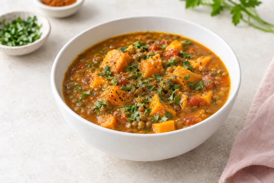 Moroccan Sweet Potato and Lentil Soup