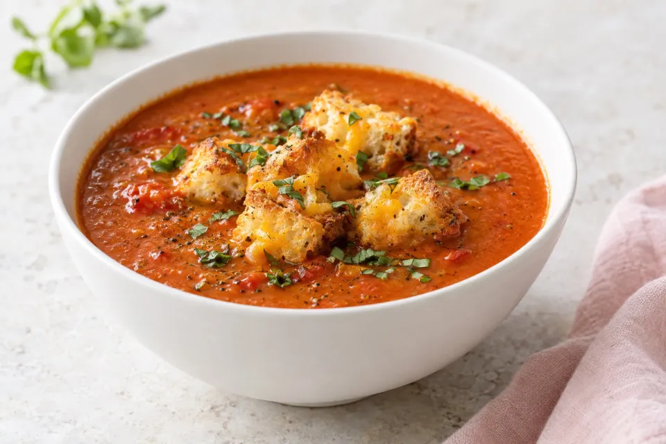 Brown Sugar-Roasted Tomato Soup with Cheddar Croutons