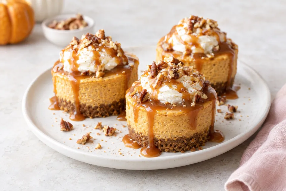 Mini Pumpkin Cheesecakes with Salted Caramel Sauce