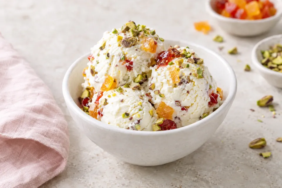 Ricotta Ice Cream with Candied Fruit and Pistachios