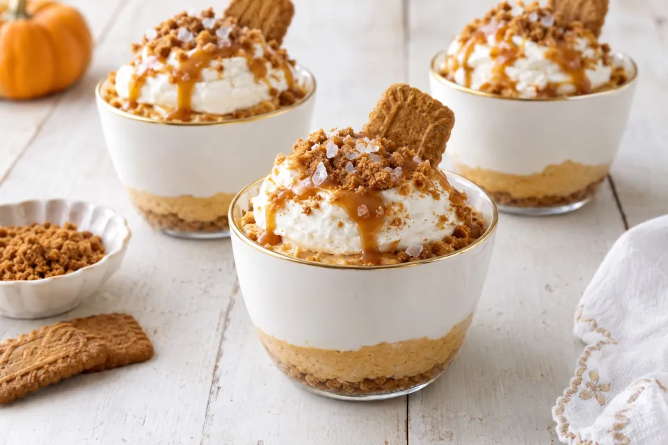 No Bake Pumpkin Cheesecakes with Salted Caramel Sauce