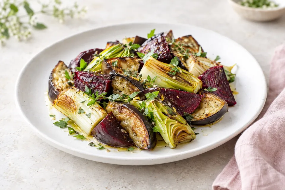 Roasted Beets, Leeks and Eggplant