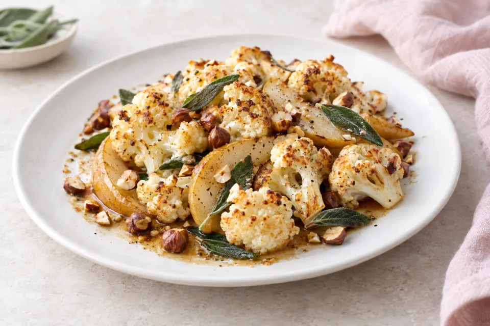 Cauliflower with Brown Butter, Pears, Sage & Hazelnuts