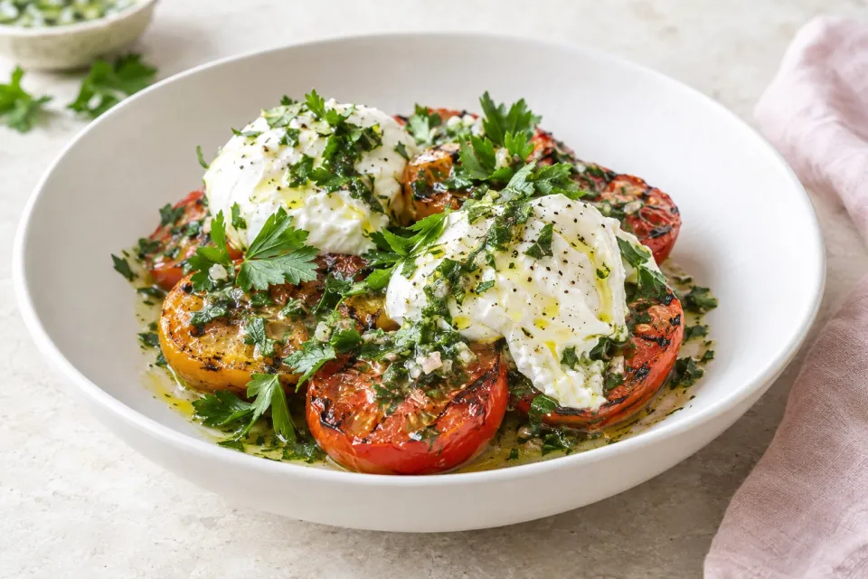 Grilled Tomatoes with Burrata and Parsley Salad