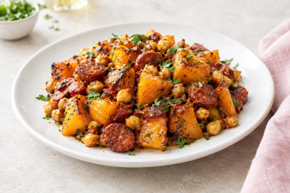 Smoky Seared Squash with Chorizo and Chickpeas