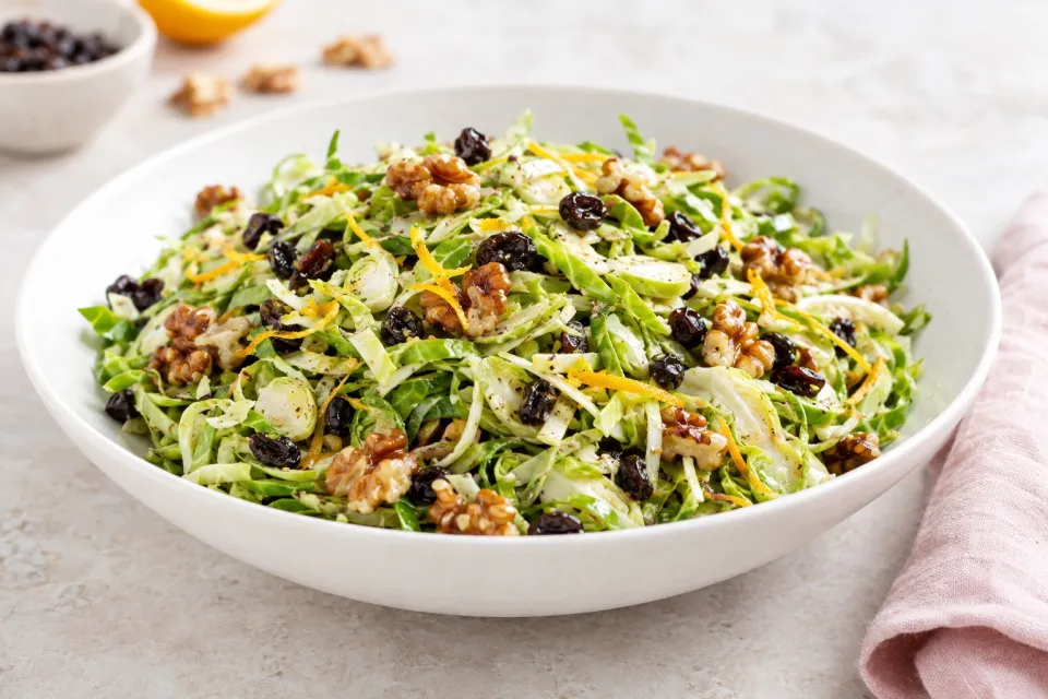 Shredded Brussels Sprout Salad with Walnuts and Currants