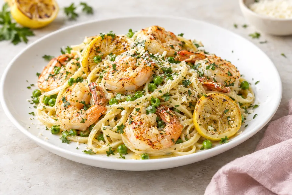 Roasted Lemon Shrimp Scampi with Linguine