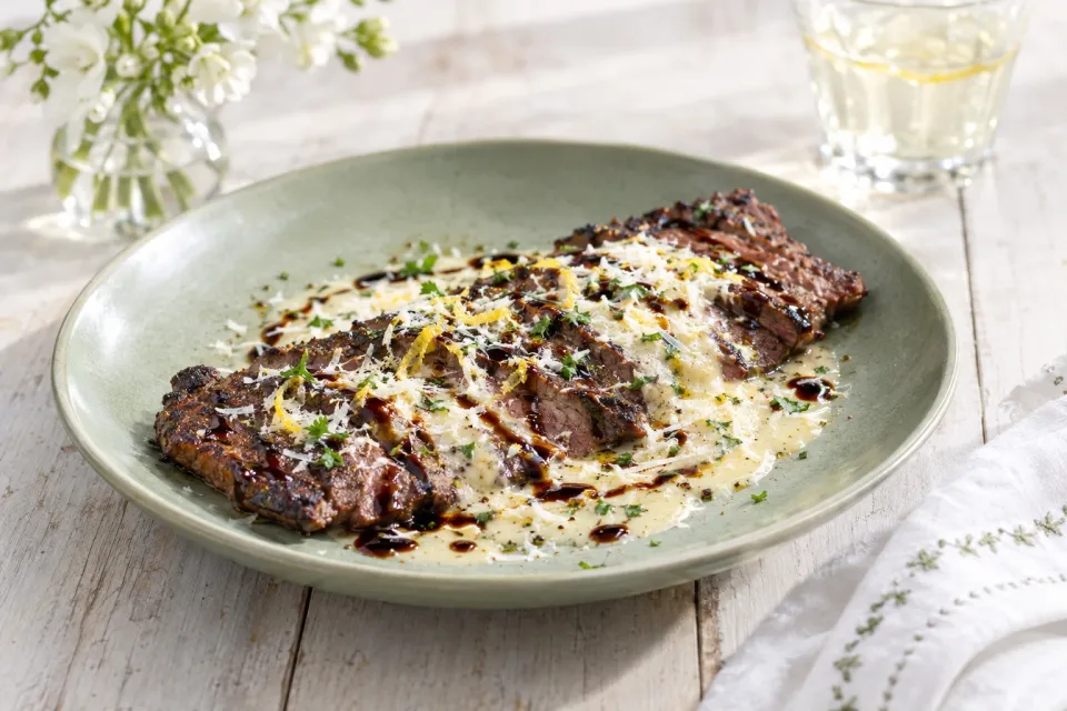 Seared Skirt Steak with Lemon-Parmesan Cream and Balsamic Glaze