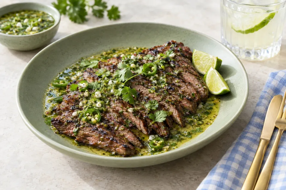 Seared Skirt Steak with Garlicky Tequila-Lime Salsa Verde