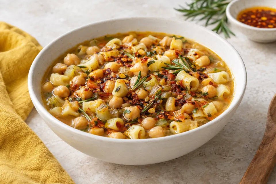 Pasta and Chickpea Stew with Rosemary-Chile Oil