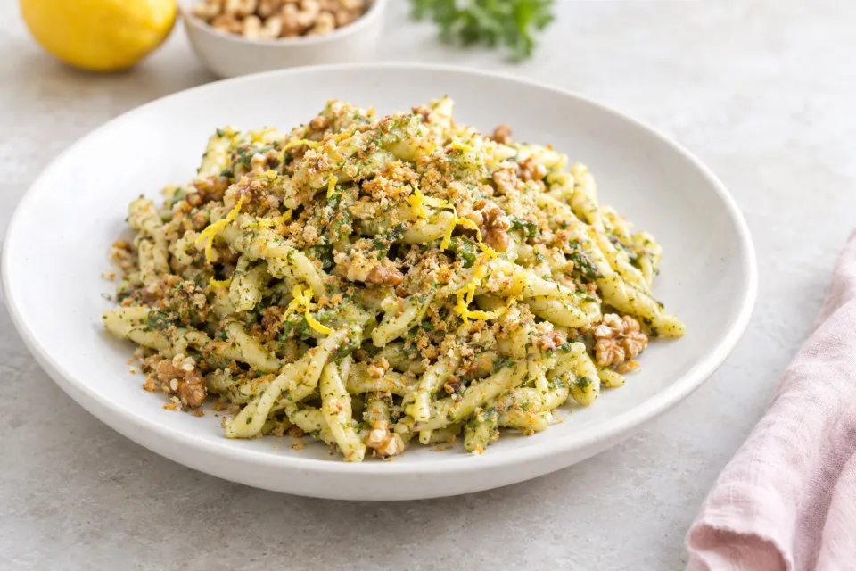 Pasta with Lemon-Walnut Pesto and Breadcrumbs