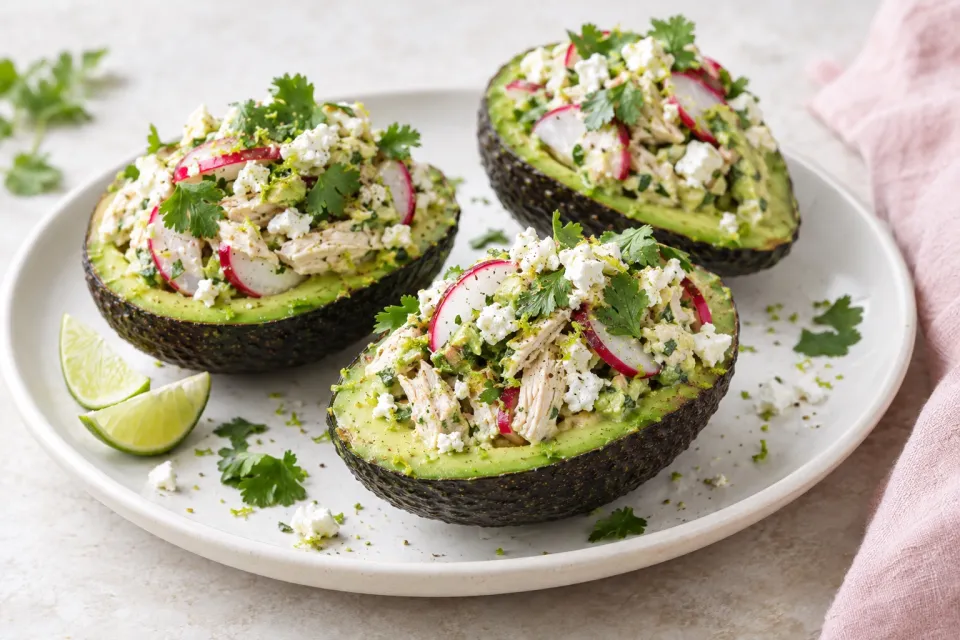 Avocado Stuffed with Chicken, Radishes, Feta, and Cilantro