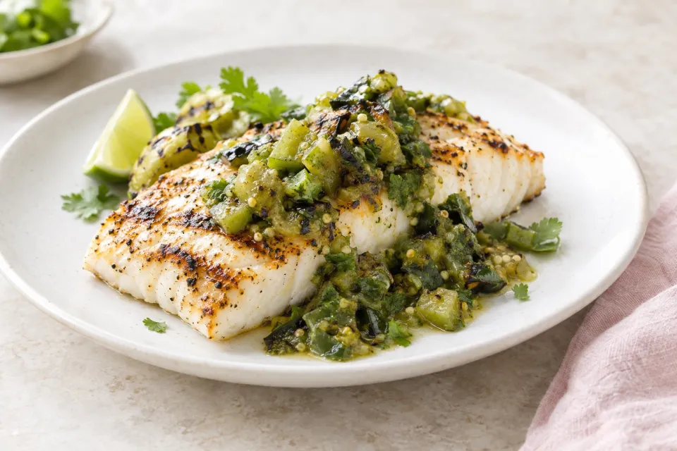 Grilled Pacific Halibut with Grilled Tomatillo-Poblano Salsa