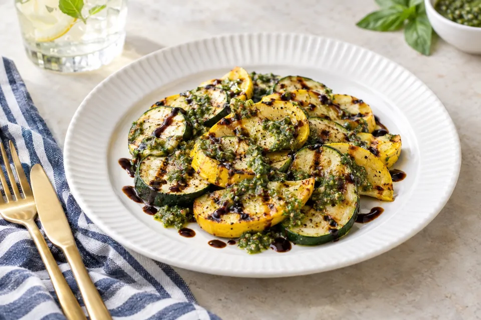 Grilled Summer Squash with Pesto and Balsamic Syrup