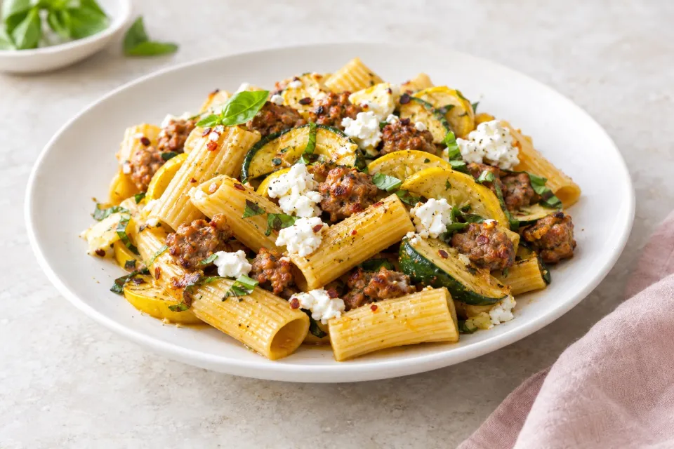 Rigatoni with Summer Squash, Spicy Sausage & Goat Cheese