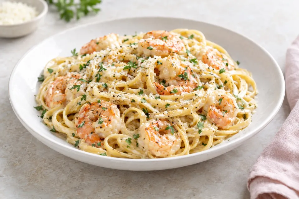 One Pan Creamy Parmesan Shrimp Linguine