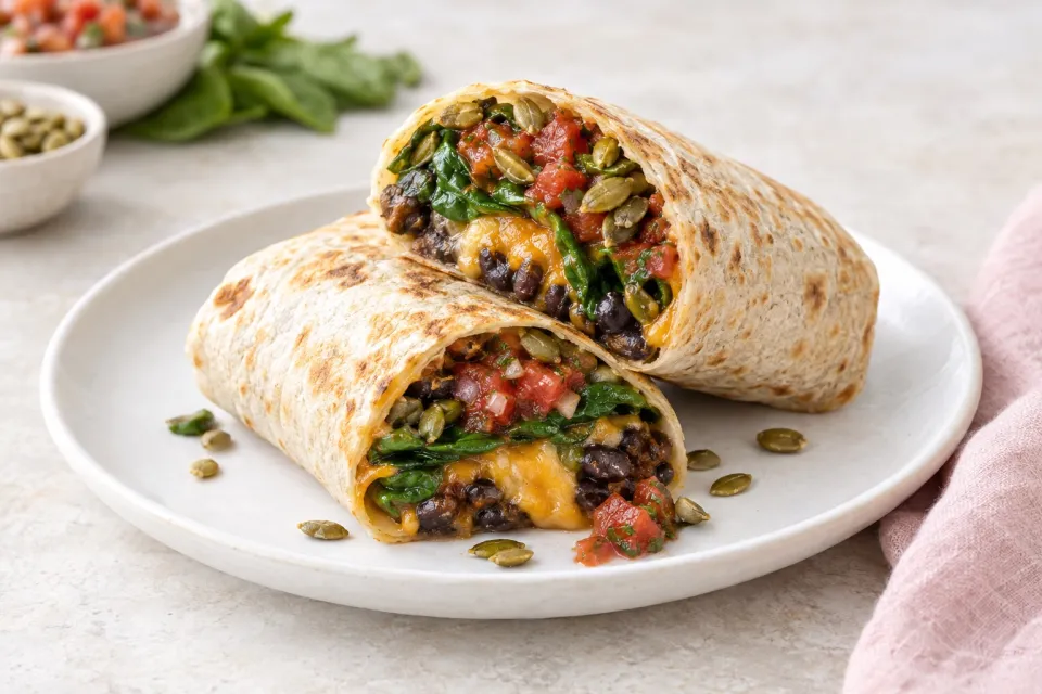 Smoky Black Bean & Cheddar Burrito with Baby Spinach