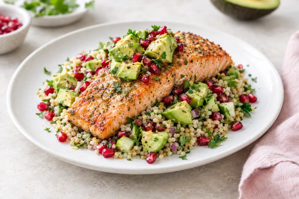 Skillet-Roasted Salmon with Avocado, Pomegranate, and Bulgur