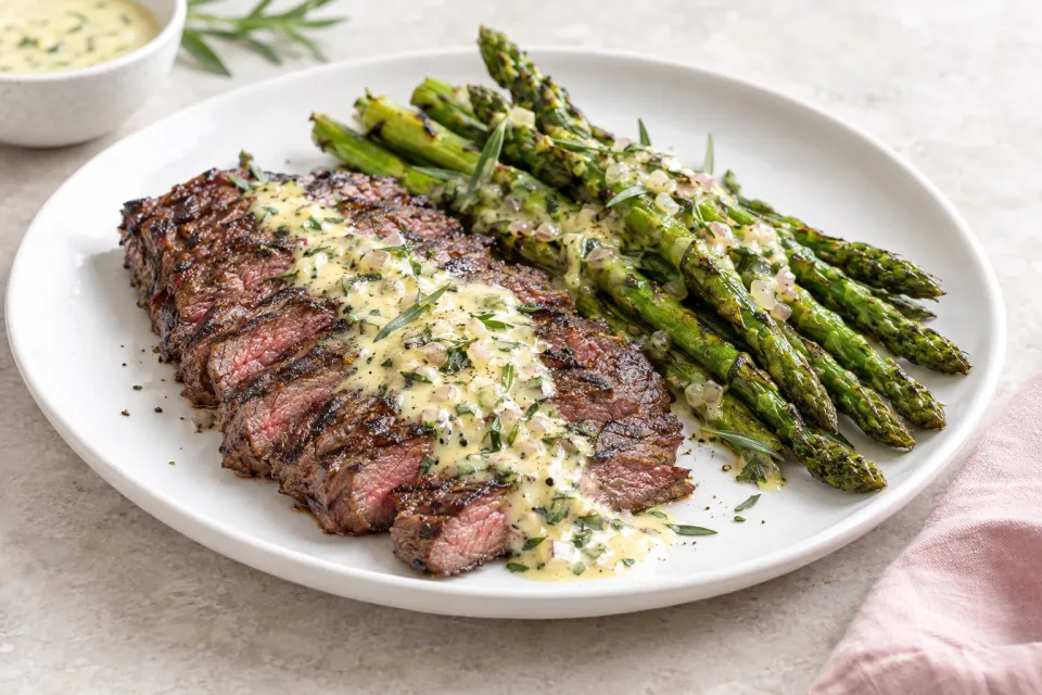 Grilled Flap Steak and Asparagus with Béarnaise Butter