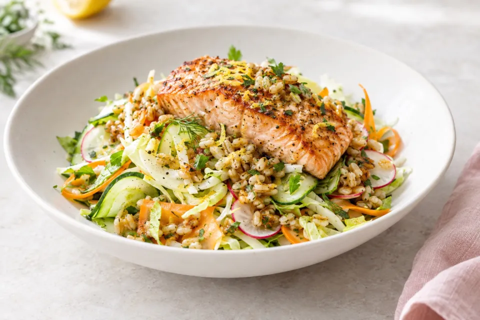 Shaved Vegetable Salad with Brown-Butter Barley and Seared Salmon