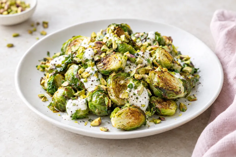 Brussels Sprouts with Crème Fraîche and Pistachios