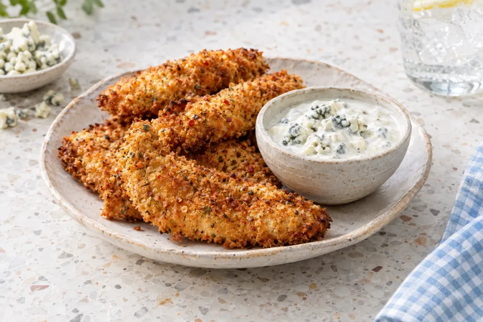 Crisp & Spicy Chicken Tenders with Blue Cheese Dipping Sauce
