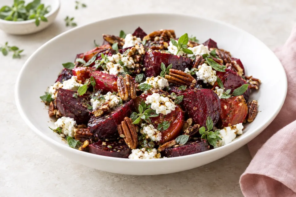 Beet Salad with Oregano, Pecans, and Goat Cheese
