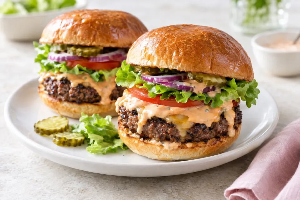 Bison Burgers with Thousand Island Barbecue Dressing