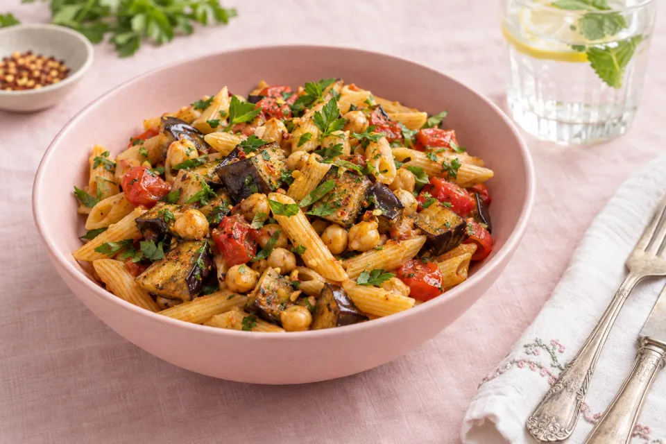 Penne with Eggplant, Tomatoes & Chick Peas