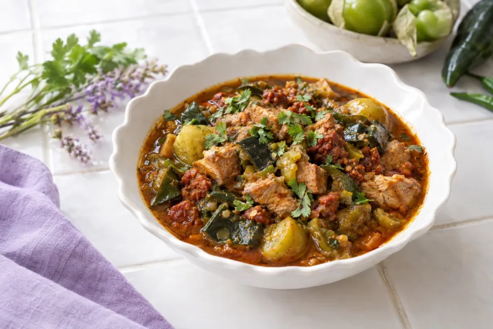 Pork and Poblano Chili with Tomatillos and Chorizo