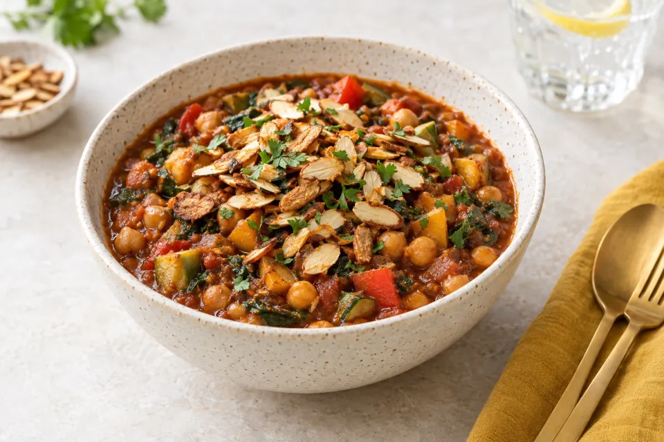 Vegetable-Chickpea Chili with Fried Almonds