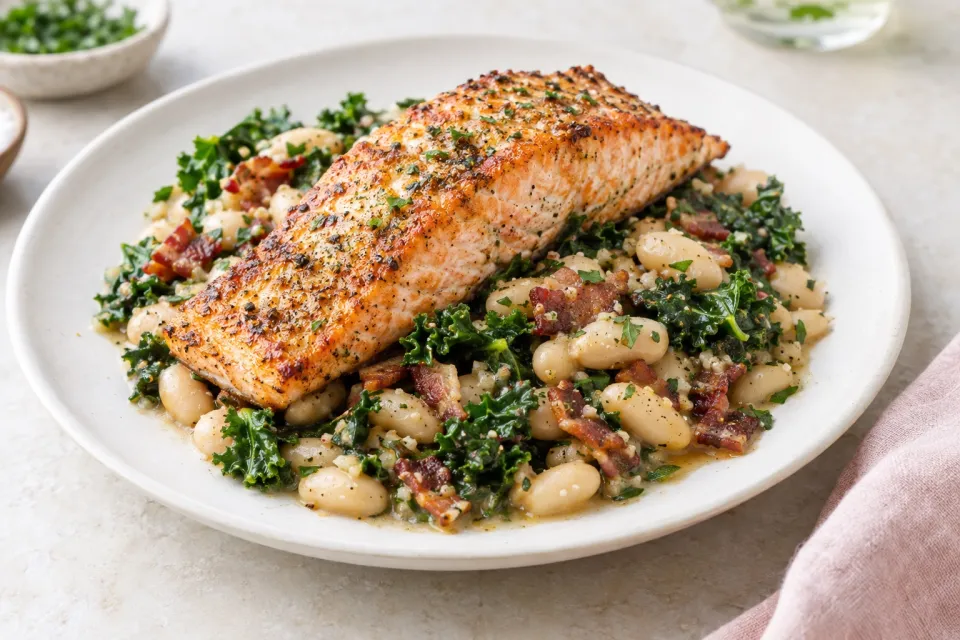 Broiled Salmon with a White Bean, Kale & Bacon Ragoût