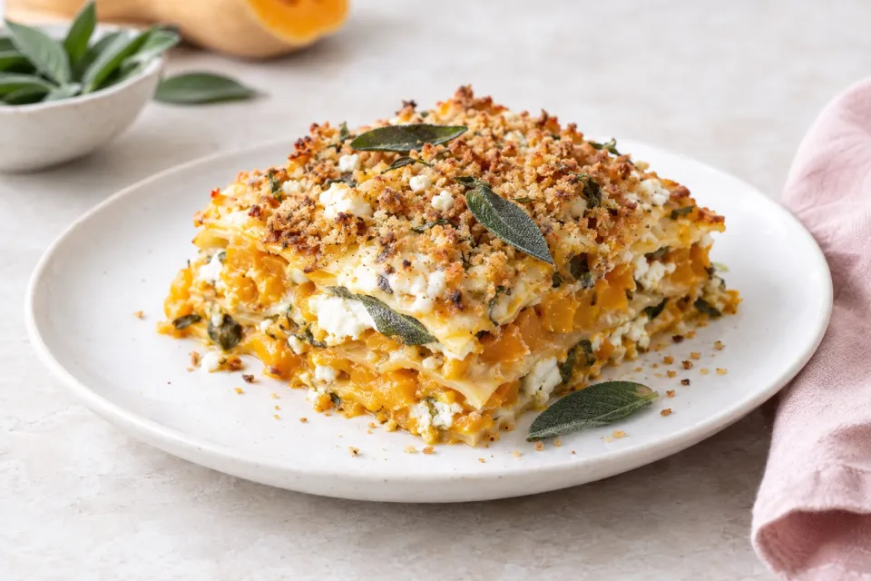 Butternut Squash Lasagne with Goat Cheese, Sage, and Breadcrumbs