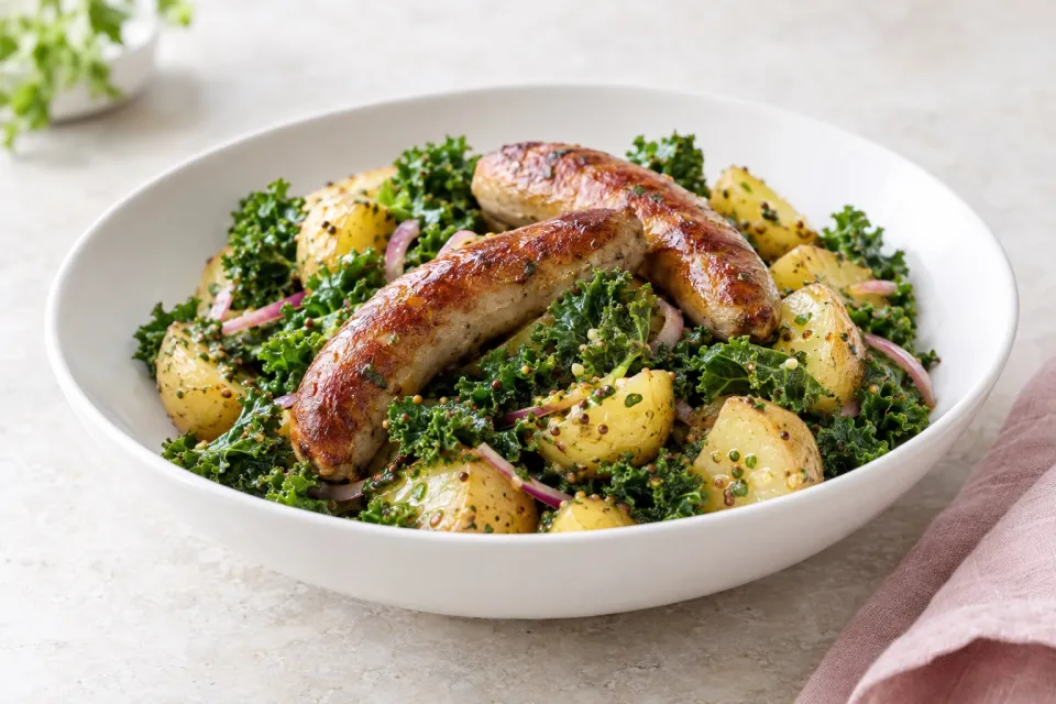 Bavarian Sausage with Warm Potato and Kale Salad