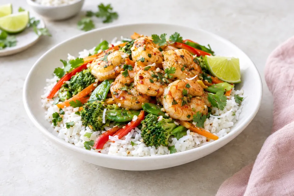 Coconut Rice Bowls with Shrimp and Vegetables
