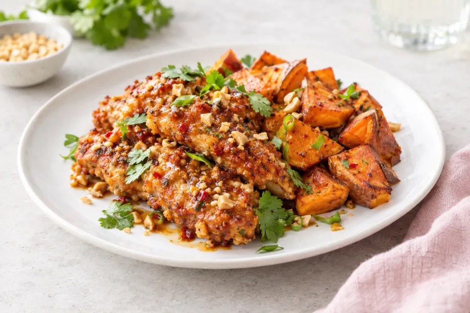 Crispy Peanut-Chile Chicken with Sweet Potatoes