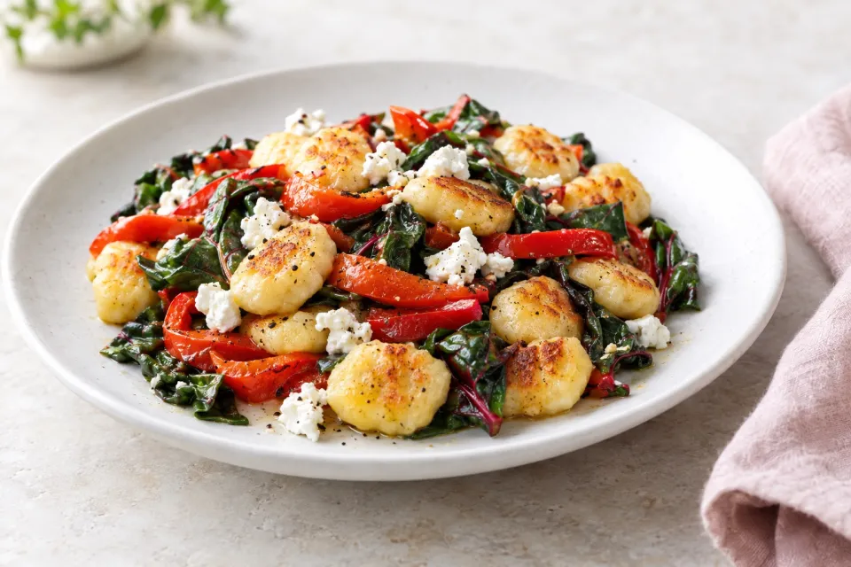 Broiled Gnocchi with Red Bell Pepper, Chard, and Goat Cheese