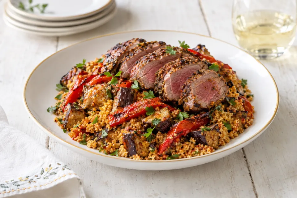 Lamb Loin with Harissa Peppers, Eggplant, and Couscous