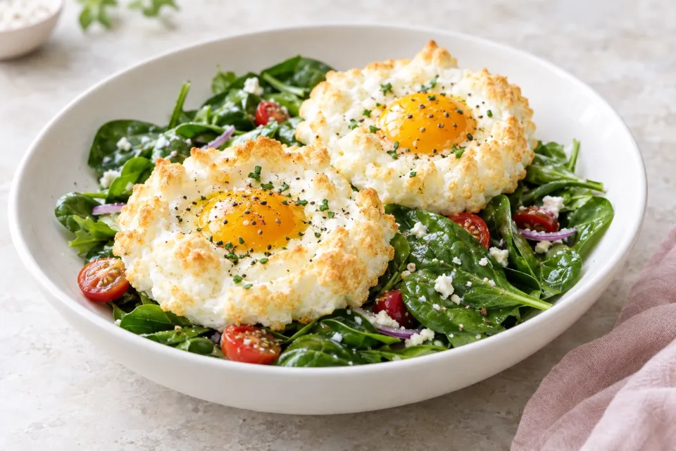 Cloud Eggs with Spinach Salad
